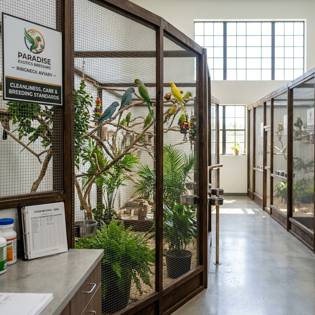 Ambiente de criação do Exóticos do Éden, mostrando viveiros limpos e aves saudáveis